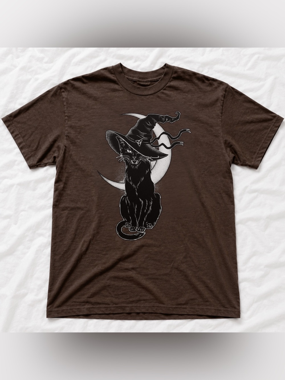 Witch Cat Graphic T-Shirt - Dark Brown Vintage Style